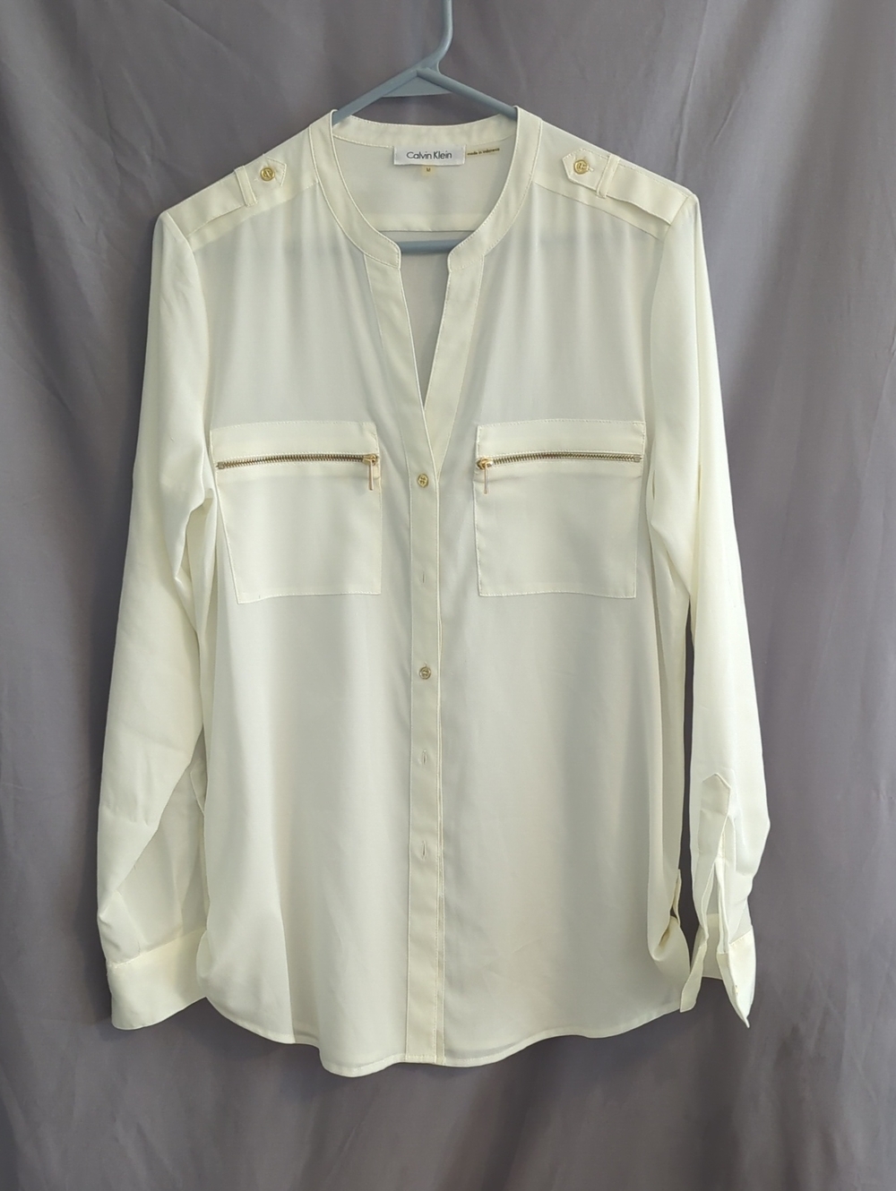 Calvin Klein Cream Button-Front Zip-Pocket Blouse